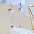 Elegant gold finish long tassel pearl earrings with sphere charms and soft feather detail - Gold Artificial Pearl Tassel Long Hook Earrings(E5413)