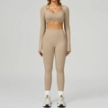Ensemble de yoga beige 3 pièces sans couture avec crop top manches longues et legging - S / Long Sleeve+Leggings - Khaki Brown