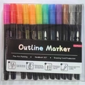 12-color set of double-line outline markers with metallic shimmer for DIY art projects - 12 Colors Black Barrel No Tray