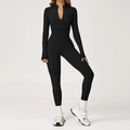 Slim fit black athletic bodysuit with stand collar zipper and thumbhole sleeves - S / Premium Black