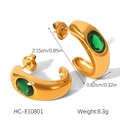 Macro detail of 18K gold C-shaped earrings with green oval zircon showing exact dimensions - Gold Oval Green Gemstone Earrings (HC-E10801)