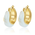 Elegant gold stainless steel hoop earrings with white marble resin detail. - Marble Pattern Hoop Style (MS-840) / Light Blue