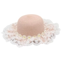 Detail of pink straw sun hat featuring white lace trim and daisy flower decorations - 7-14 Years (52-54cm) / Pink