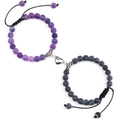 Tiger eye and matte stone couple bracelets with magnetic heart charm in purple and black - Purple Weathered Agate + Grey Weathered Agate