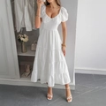 Elegant white puff sleeve dress with a cinched waist and tiered skirt for summer style - XL / White