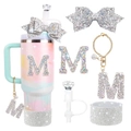 Mint green tumbler accessories set with glitter bow, M letter charm and diamond straw cover - Style 9 (Letter M)