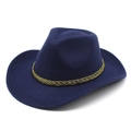 Close-up of navy blue wool felt hat featuring a black and gold braided decorative band - Navy Blue