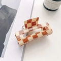 Caramel brown and cream checkered acetate hair claw clip with rectangular cutout design - 7.5cm / Coffee & Beige Checkerboard