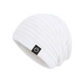 Winter fleece-lined white knitted beanie with black mountain logo patch for women - Solid White