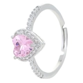 Adjustable silver ring featuring a pink heart-shaped gemstone with sparkling zircon accents - Silver Pink Heart Zirconia Ring (N-895)