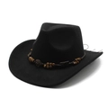 Classic black wool felt cowboy hat with ethnic style braided band and wooden beads - Black