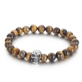 Brown tiger eye stone beaded bracelet featuring a silver metal skull charm for men - 8mm Tiger Eye Skull Style-B (KB70683-BD)