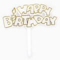 Golden rimmed white Happy Birthday cake topper with elegant script and candle detail - No.15 Gold