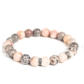 Pink and grey spotted stone beaded bracelet with textured silver metal spacer bead - Pink Zebra Stone