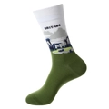 Mid-calf cotton socks in white and olive green featuring Britain Stonehenge pattern - 1208-Stonehenge