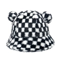 Fuzzy checkerboard bucket hat with cute bear ears in plush black and white design - Black Plaid