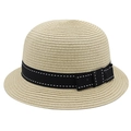 Elegante cappello cloche in paglia beige con nastro nero a fiocco e cuciture a contrasto - M (56-58cm) / Beige