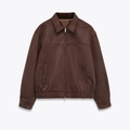 Brown faux suede jacket for women with front zipper and side pockets on white background - XS / Coffee