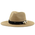 Elegant straw fedora hat for women with black grosgrain ribbon and pearl embellishments - M (56-58cm) / Khaki