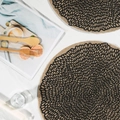 Round jute placemats with black openwork pattern and fringe edges on white table - 38cm / Black Melon Flower