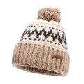 Beige knitted beanie with pompom and geometric jacquard pattern for winter warmth - Adjustable / Khaki