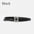 Cintura sottile in vera pelle nera da donna con fibbia rettangolare con strass - Nero