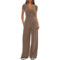 Detail of V-neck wrap top and wide-leg trousers in earthy brown knit fabric - XS / T-Shirts / Khaki