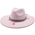 Detail of pink wide brim fedora with ethnic woven band, silver studs and colorful tassels - M (56-59cm) / Light Pink
