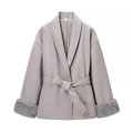 Women's elegant grey woolen jacket with plush faux fur cuffs and a waist tie belt - S / Light Gray