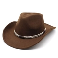 Detailed view of a dark brown felt cowboy hat with a braided band and leather strap - M(56-58cm) / Brown