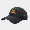 Detail of embroidered palm trees and sunset on a breathable black baseball cap - Adjustable / Dark Gray