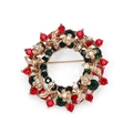 Christmas wreath brooch with red and green rhinestones on a gold metal base - Full Rhinestone Wreath