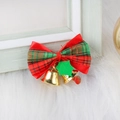 Christmas bow decoration with red green plaid ribbon and gold bells on white plush - Red Green Plaid