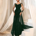 Detail of dark green mermaid gown with lace embroidery and long mesh cape attachment - S / Dresses / Dark Green