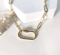 Close-up of gold vacuum plated stainless steel necklace with rectangular links and oval clasp - Gold