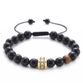 Detail of tiger eye and onyx bead bracelet with zircon H initial square pendant - Letter H-Black Agate Bracelet