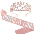 Birthday Girl party set with rose gold rhinestone tiara and pink glitter sash - Pink Sequins Set