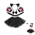 Costume de chat noir pour enfants avec serre-tête, jupe tutu et gants à pattes - Serre-tête Oreilles de Chat Et Gants Pattes Avec Coussinets Et Nœud Papillon Et Queue Et Jupe Tutu à Paillettes Étoilées