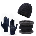 Navy blue winter set with knit beanie hat, fleece lined neck gaiter and touchscreen gloves - Hat + Neck Warmer + Gloves / Blue + Gloves 3-Piece Set