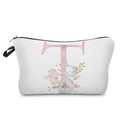 Detailed view of white canvas makeup bag featuring pink floral letter T printed pattern - Letter T Style