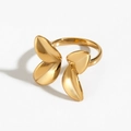 Polished golden leaf-shaped stainless steel open ring with mirror finish texture - One Size / Gold (KB694)