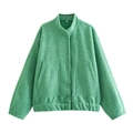 Women's casual loose jacket in green knit fabric with snap button collar, size S - Green