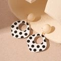 Detailed view of geometric acrylic earrings with black and white polka dot patterns - Silver Pin - White Square Polka Dot Drop Earrings