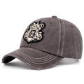 Detalle de gorra vintage con bordado de corona y textura de visera desgastada - Ajustable / Marrón