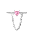Elegant silver ring with pink heart zircon and dangling chain detail on white background - Silver Pink Heart Dangle Chain (A-531)