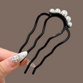 Minimalist black U-shaped hair fork with five white pearls for elegant buns - Gunmetal Black Five Pearls Hair Stick