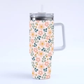 Close-up of pink and green floral leaf print on a 40oz stainless steel insulated tumbler - Style 8-Light Pink Green Leaves