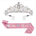 Set aus rosa Birthday Queen Schärpe und silberner Kristallkrone für Geburtstagsfeiern - Einheitsgröße / AB Strass Krone + Rosa Holografische Queen Schärpe