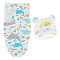 Ensemble lange et bonnet pour nouveau-né avec imprimés marins baleines et tortues - Ensemble Emmaillotage + Bonnet Baleine Bleue
