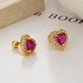 925 silver heart stud earrings with magenta zircon and gold screw back closures - 925 Silver / Gold Plated / Pair (Rose Red Zirconia)
